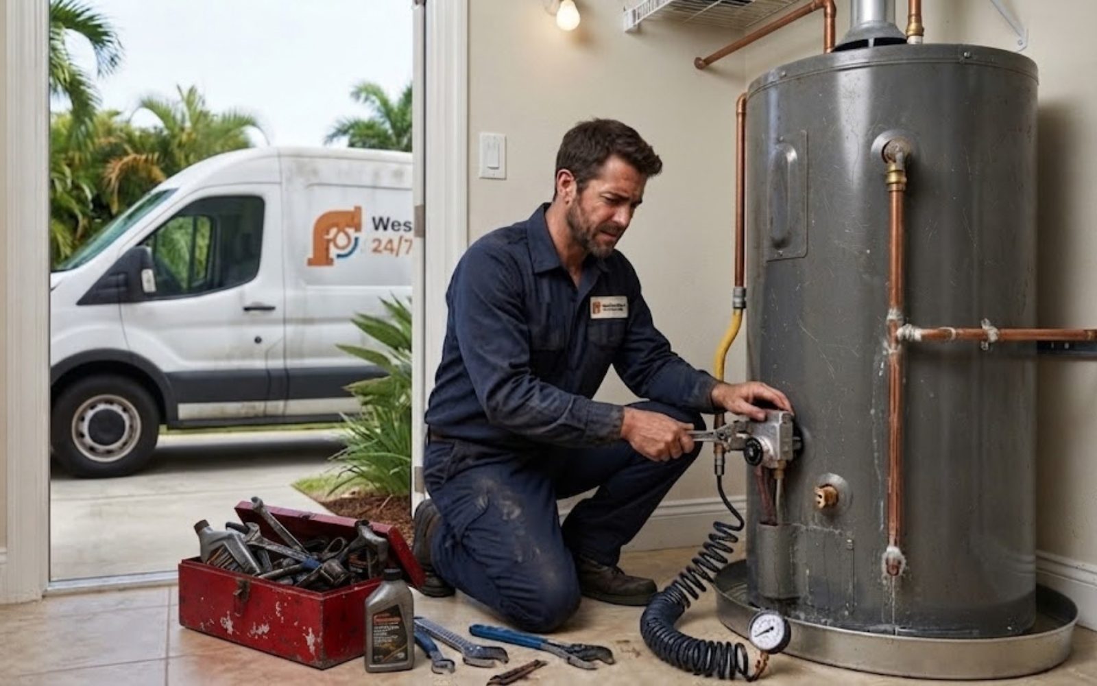 Licensed plumbing technician at work in West Palm Beach